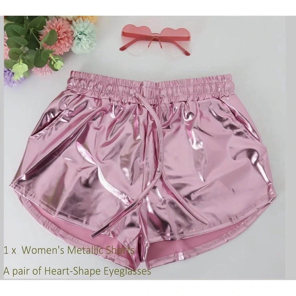 Girls Metallic Shiny Sparkly Hot Pants Shorts & Heart Glasses Set Fun Pink 6-7 Y